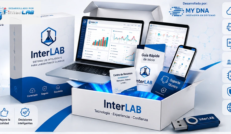 InterLAB Floating Experience, caja de producto con laptop, tablet, teléfono y recursos de implementación