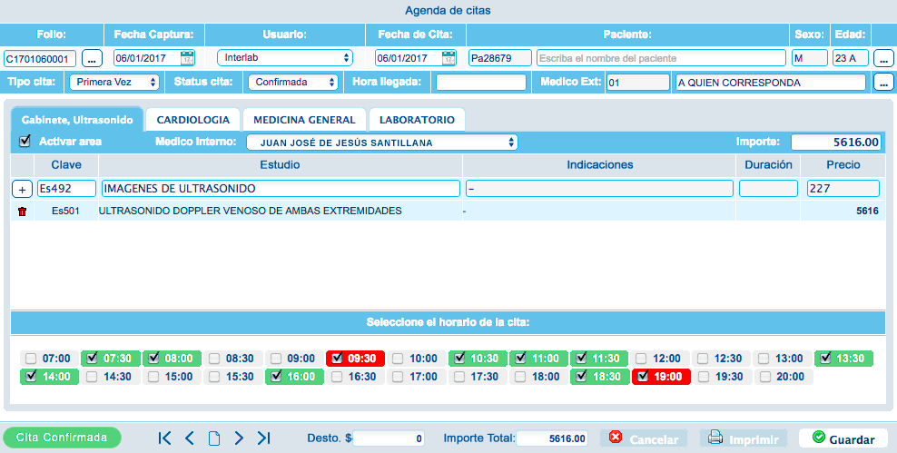 Example of the Interlab Lab Software appointment schedule