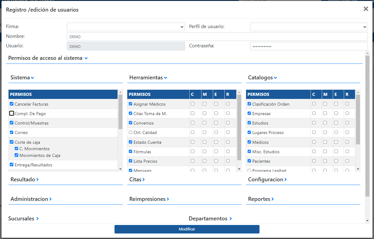 It keeps different profiles of permissions to assign the personnel of reception, administration, laboratory, etc., with Interlab software for laboratories of clinical analysis