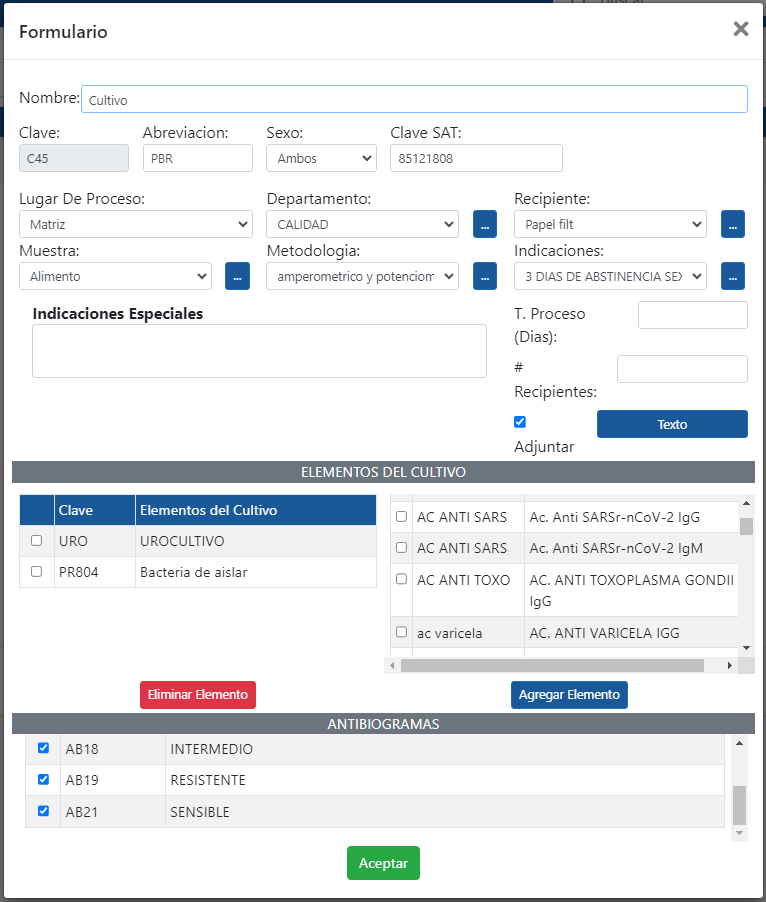 formulario para crear cultivos sencillo de usar con InterLAB software para laboratorios de análisis clínicos