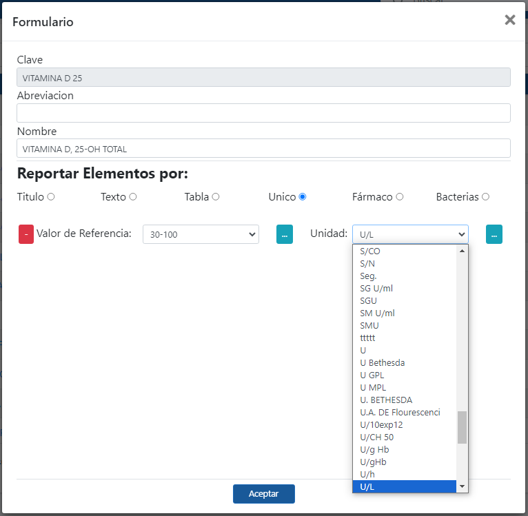 formulario para dar de alta los elementos y su forma de reportar con InterLAB software para laboratorios de análisis clínicos