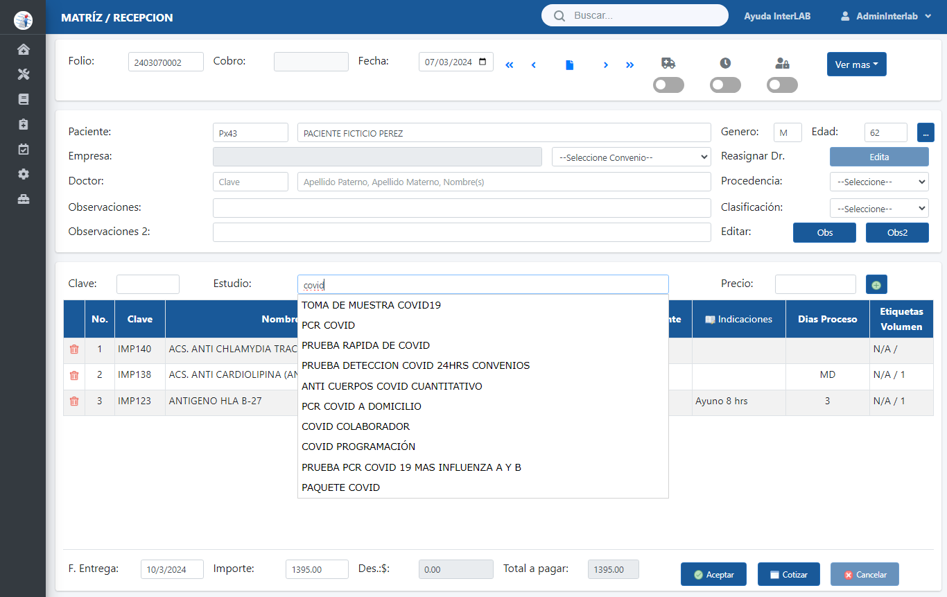 añade los estudios requeridos por el paciente con InterLAB software para laboratorios de análisis clínicos