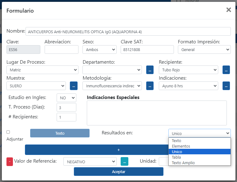 formulario para dar de alta los estudios realizados en el laboratorio con InterLAB software para laboratorios de análisis clínicos