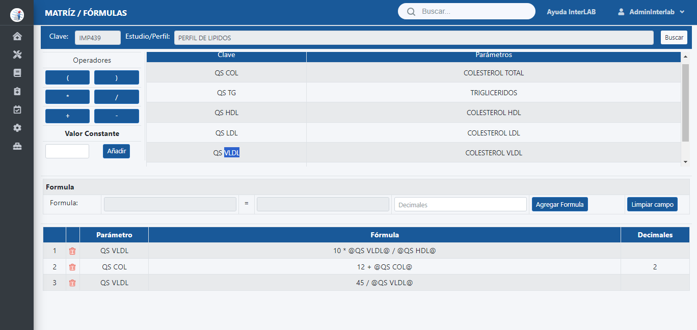 generar formulas para obtener los resultados de los estudios de forma automática con InterLAB software para laboratorios de análisis clínicos