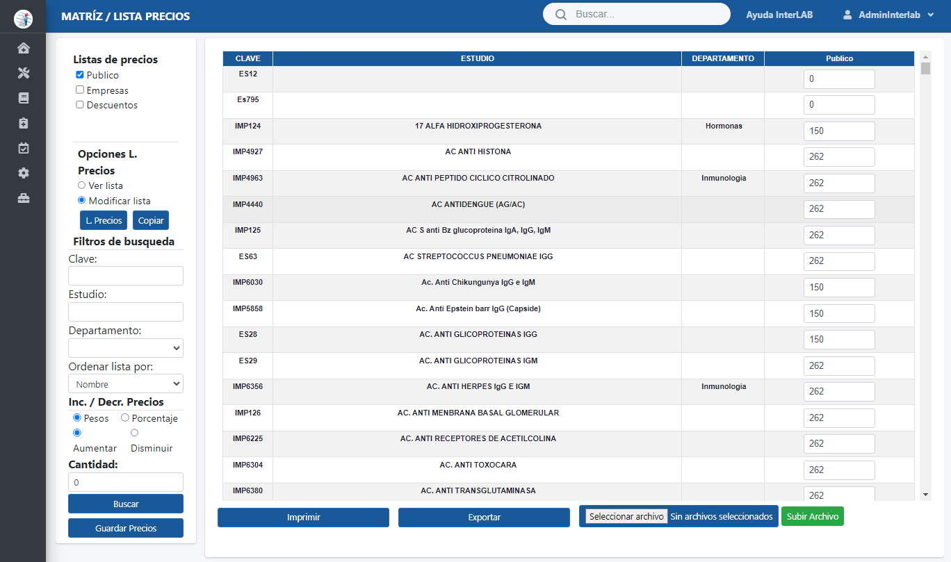 Listas de precios ilimitadas, modifica precios fácil y rápido con InterLAB software para laboratorios de análisis clínicos