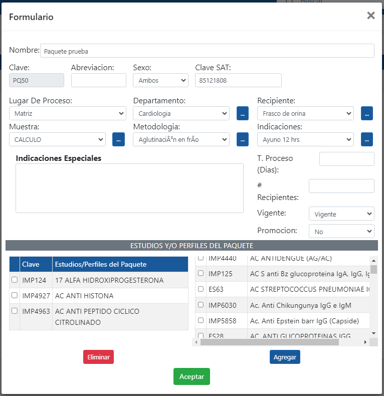 Create study packages with or without promotions with Interlab software for clinical analysis laboratories