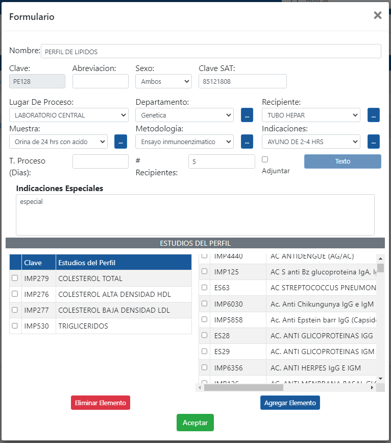 formulario para crear perfiles de estudios con InterLAB software para laboratorios de análisis clínicos