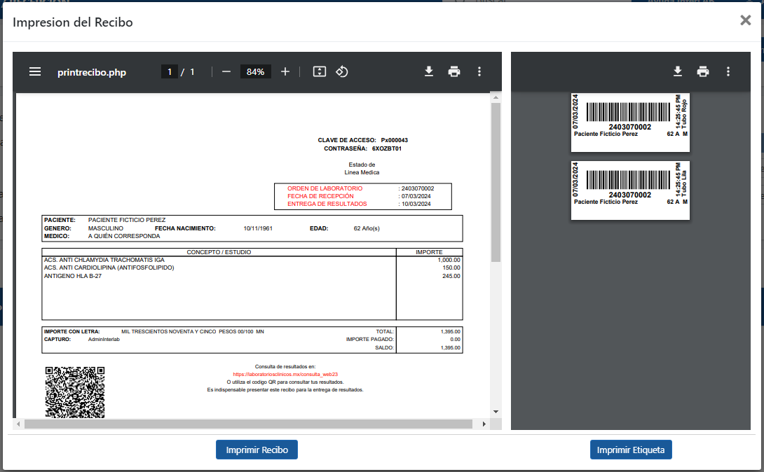 Impresión del recibo y etiquetas de las pruebas con InterLAB software para laboratorios de aálisis clínicos