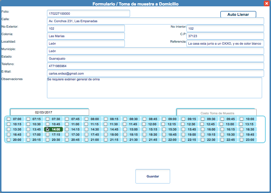 Make the appointment between the patient and your staff for the home samples with Interlab software for clinical analysis laboratories